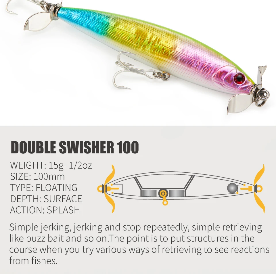 LUREHOLIC 10 cm 15 g Double Swisher Topwater Lure Splash Swimming Action Spy Hard Bait Popper Traktor Glider Bait mit Mustad Hook – Detail 3