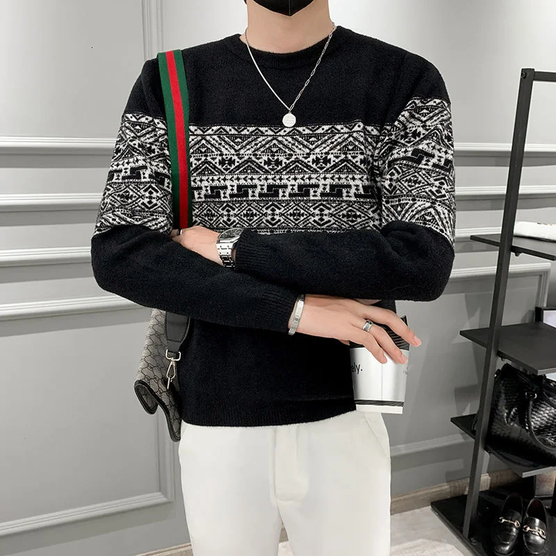 

Men Causal O-Neck Sweater Fashion Printed 2022 Winter Streetwear Pullover Knitted Jumper Sweater Slim Fit Male Clothes