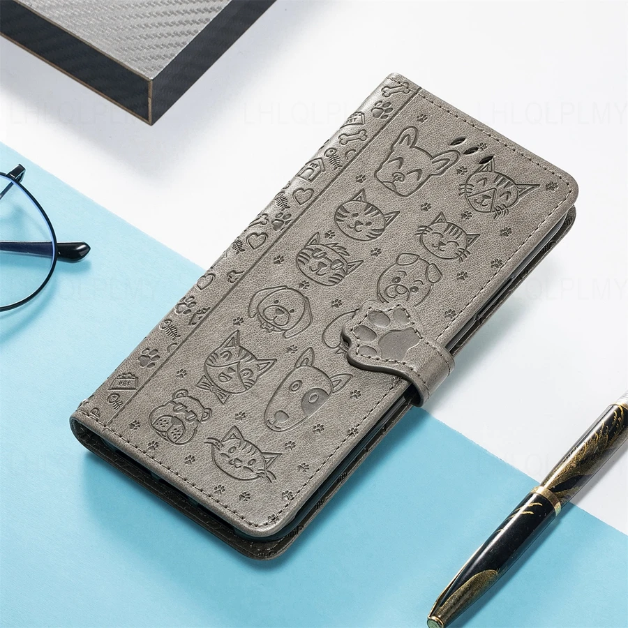 Leather Wallet Flip Case with Cat and Dog Design