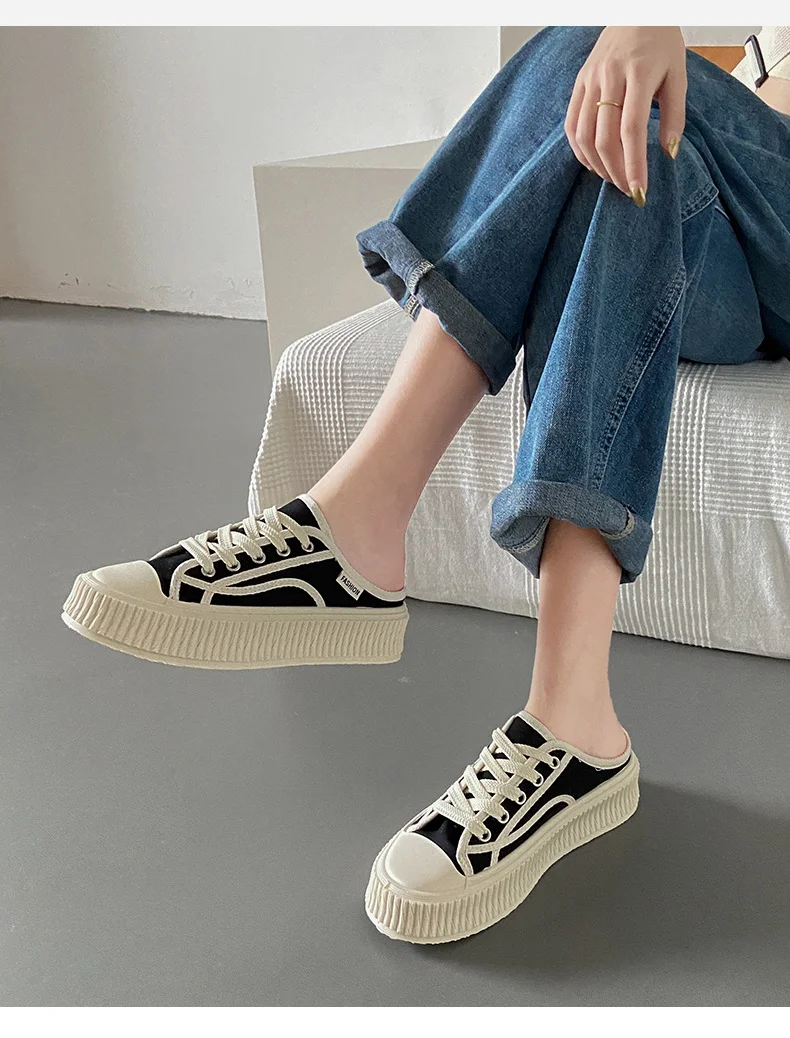 2024 verano nuevos zapatos de galleta ins moda versión coreana de todos los zapatos de lona de arrastre medio zapatos casuales de estudiante de suela gruesa_voghion.com