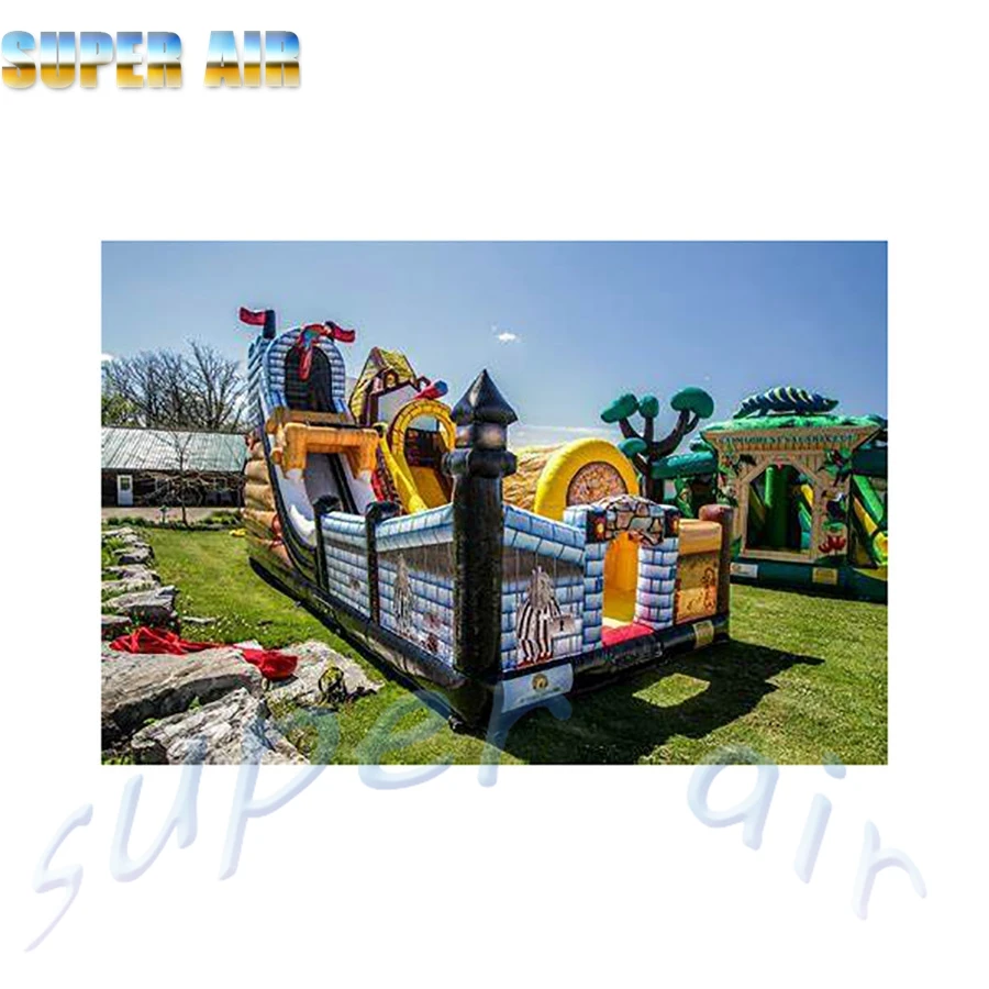 Commercial inflatable pirate ship slide castle air balloon with blower for children games 6