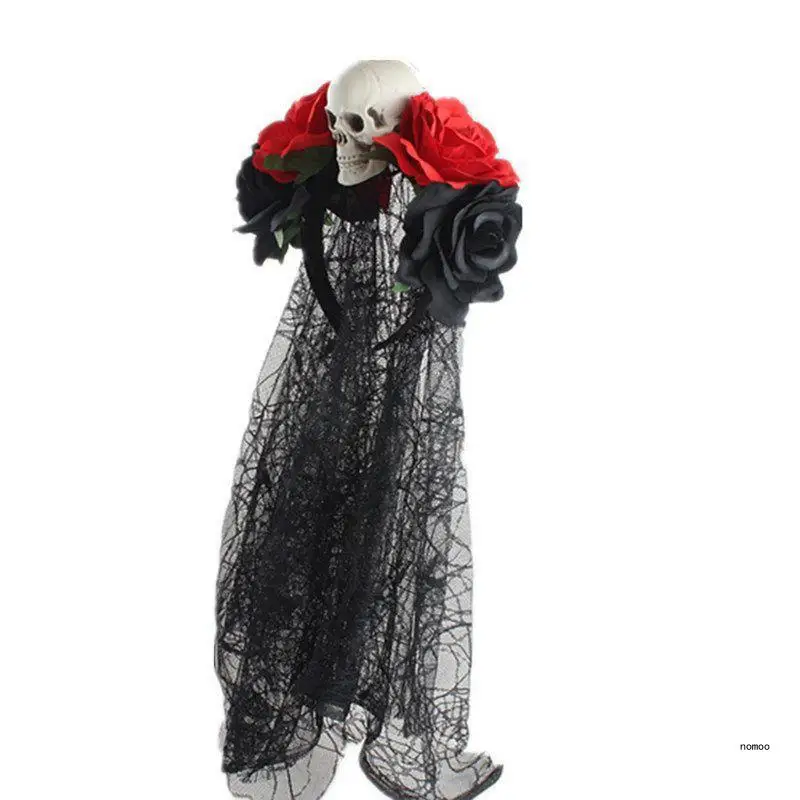 

Women Halloween Artificial Rose Flower Skull Face Headband with Black Lace Veil