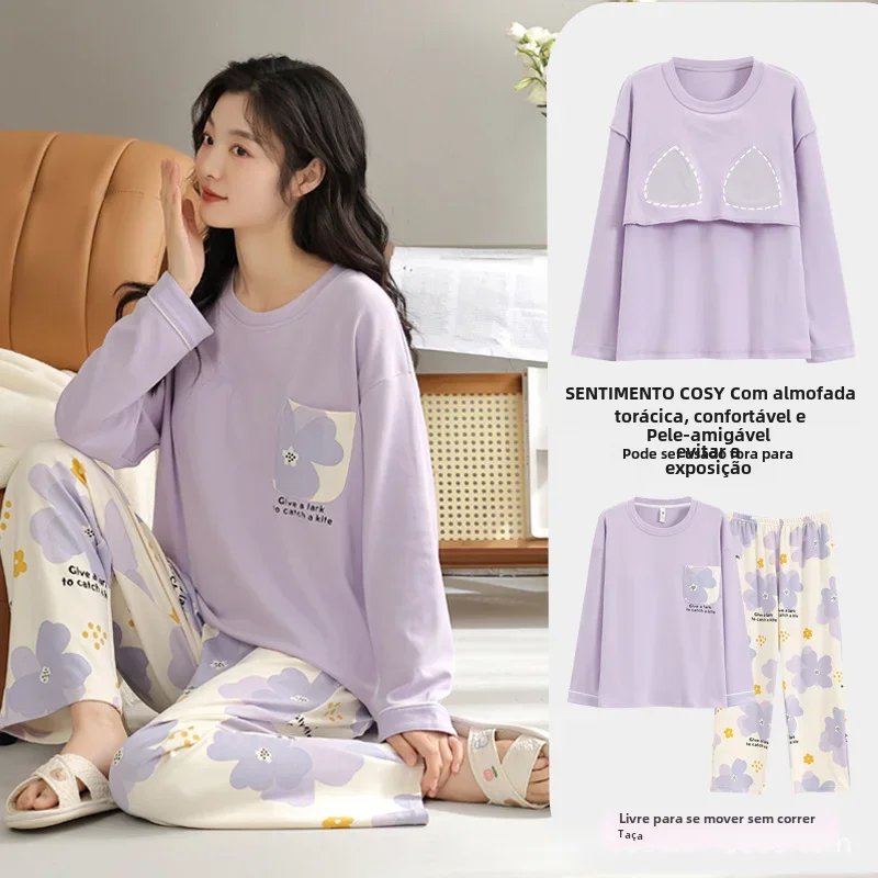 Conjunto-de-pijama-de-manga-comprida-feminino-roupa-de-casa-camisola ...
