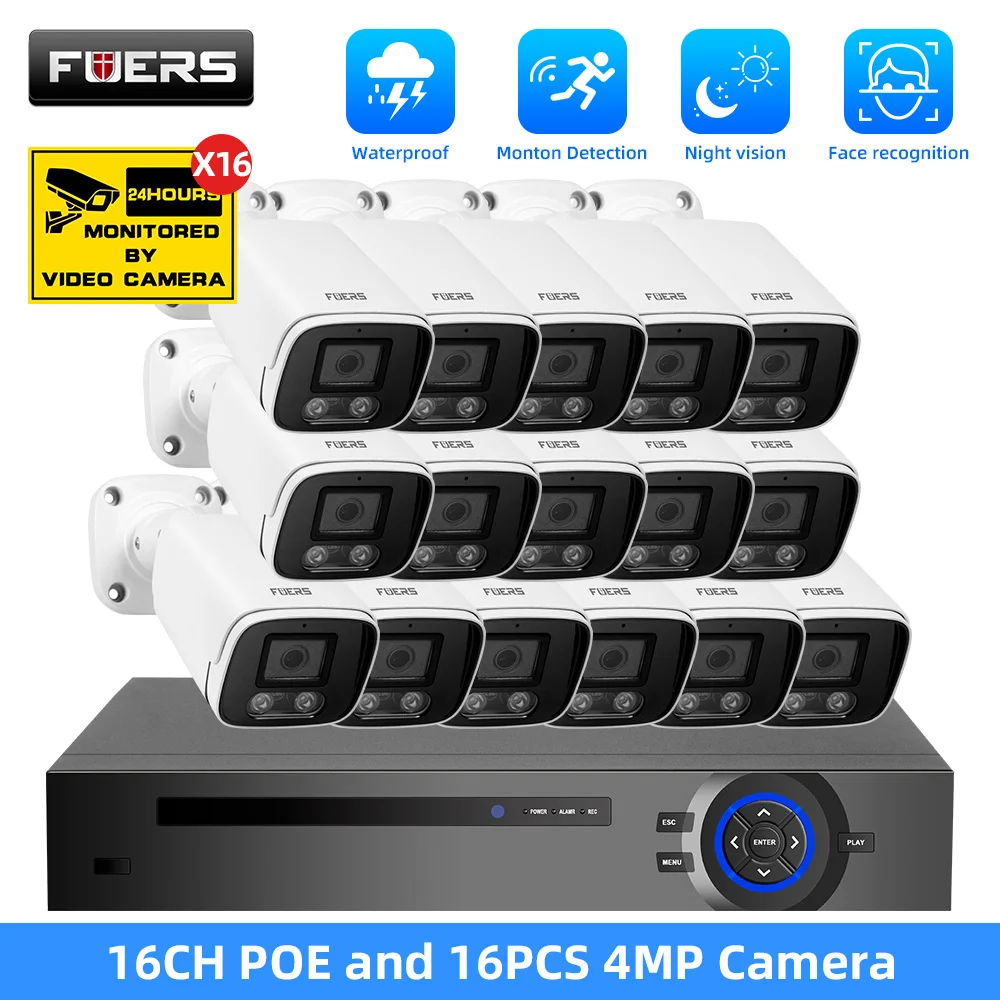FUERS 16CH 4MP Camera System Video Surveillance Kit Face