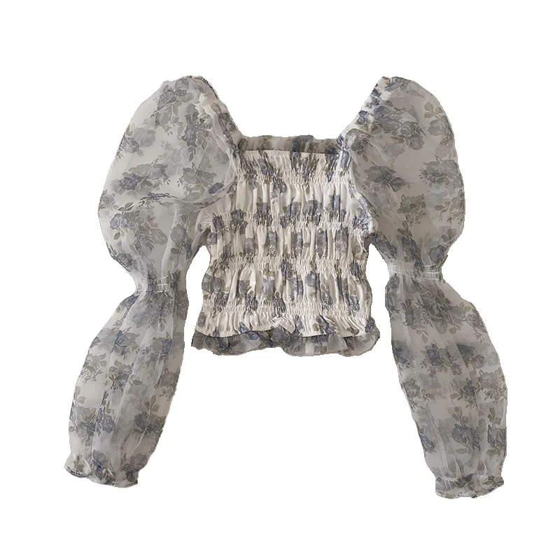 

Summer new Korean of chiffon lantern sleeves retro pattern slim short shirt women