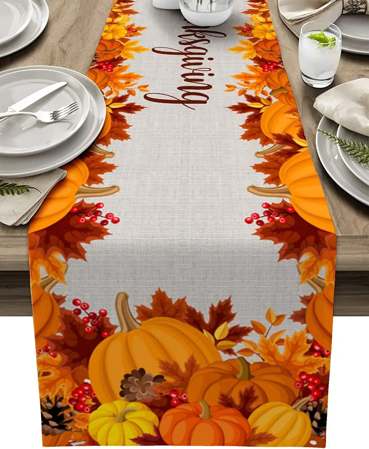 Description Picture 2 of itemAutumn Pumpkin Maple Leaf Linen Table Runner Washable Fall Thanksgiving Table Runners Holiday Kitchen Party Dining Table Decor