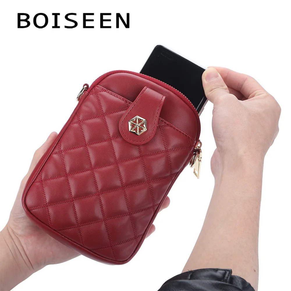 BOISEEN Women's Embroidered Grid Crossbody Bag 2025, Vertical Anti-Theft Phone Purse Multifunctional PU Leather with Card Slots