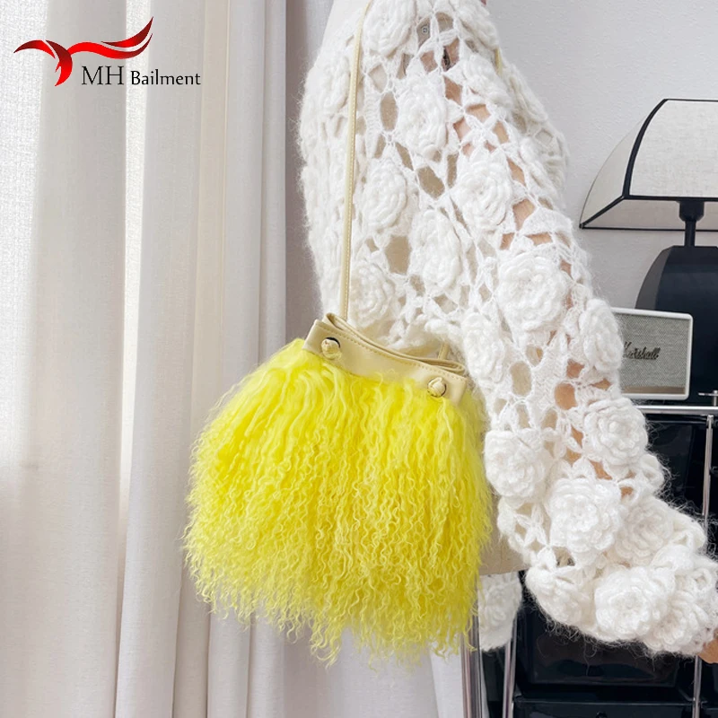 

Real Wool Fur Round Bag Women Winter Plush Handbag Soft Luxury Female Warm Designer Tote Bag High Quality Real Fur Shoulder Bag