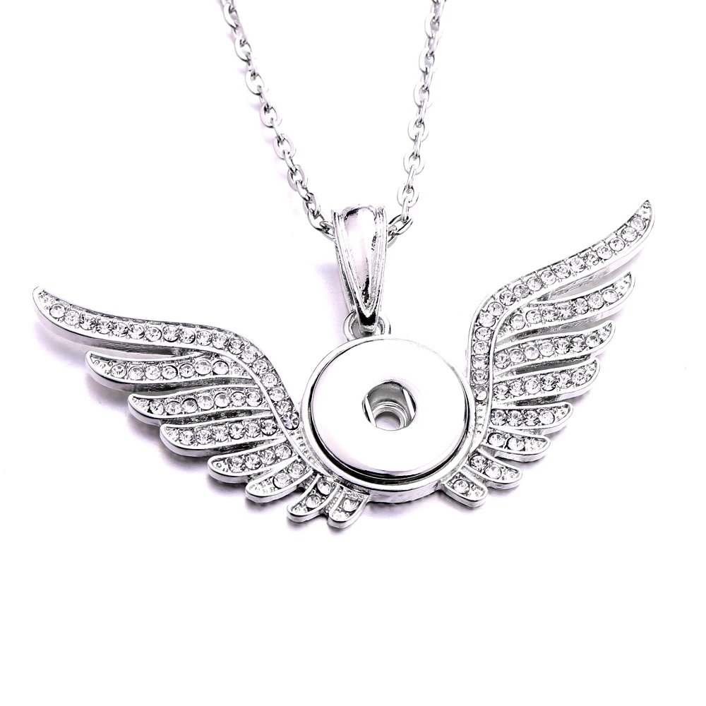10pcs Crystal Snap Button Necklace 18mm Metal Snaps Buttons Angel Wings Pendant Necklaces For Women Jewelry