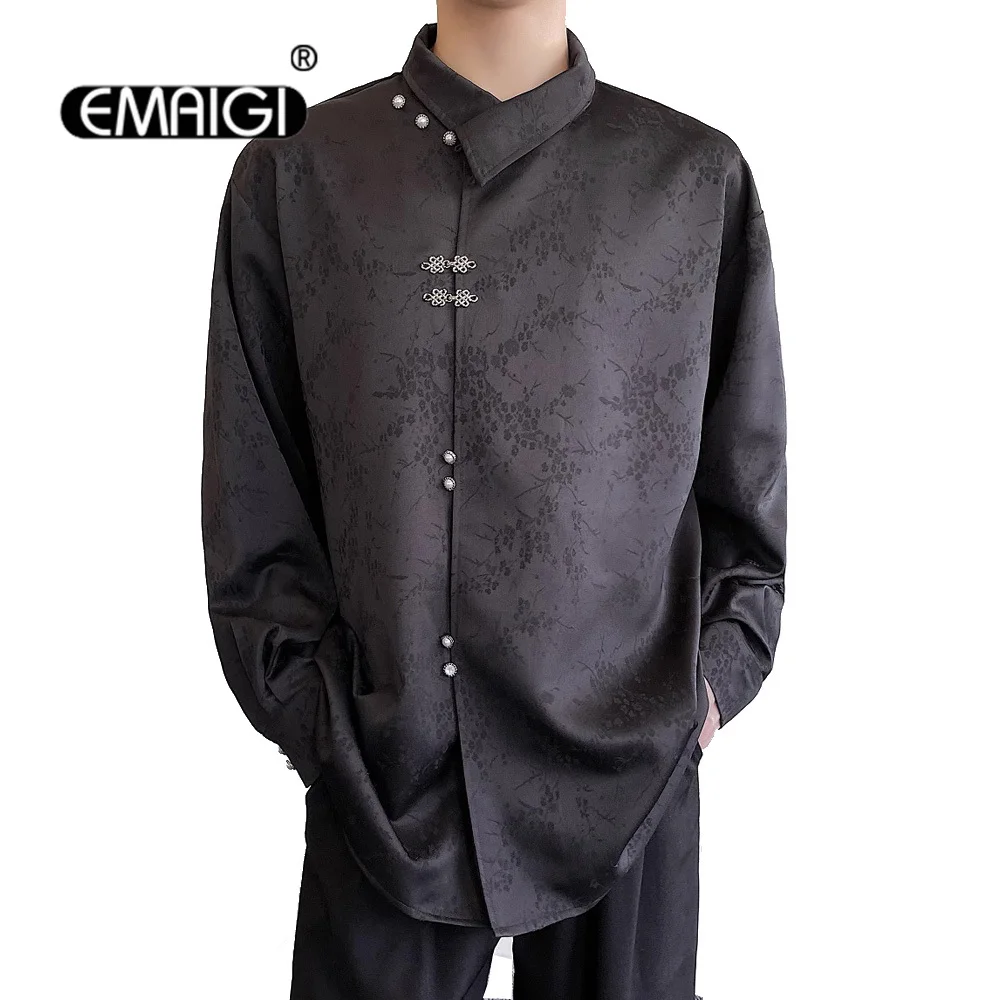 

Metal Button Stand Collar Long Sleeve Shirts Men Streetwear Fashion Vintage Loose Casual Satin Jacquard Shirts Women Blouses