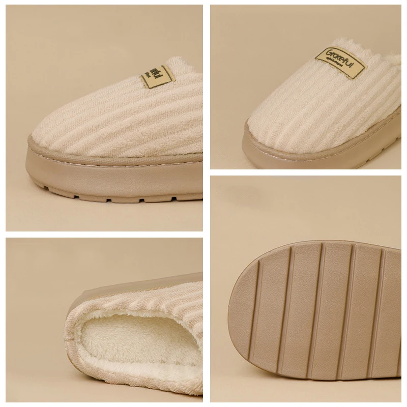 Winter Thick Bottom Plush Slippers Women Comfortable Corduroy Non Slip Home Slippers Woman Soft Sole Plush Warm Cotton Slides