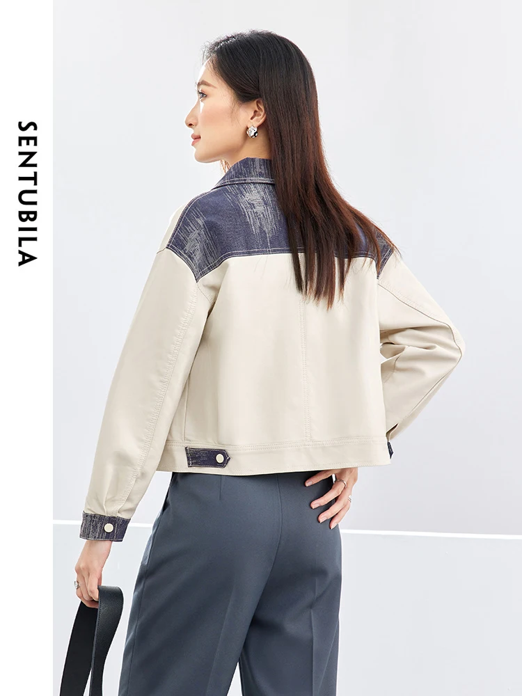 SENTUBILA Casual Cropped Pu Leather Jacket Women 2024 Spring Contrast Spliced Lapel Straight Long Sleeve Coat Overcoat W41G52869