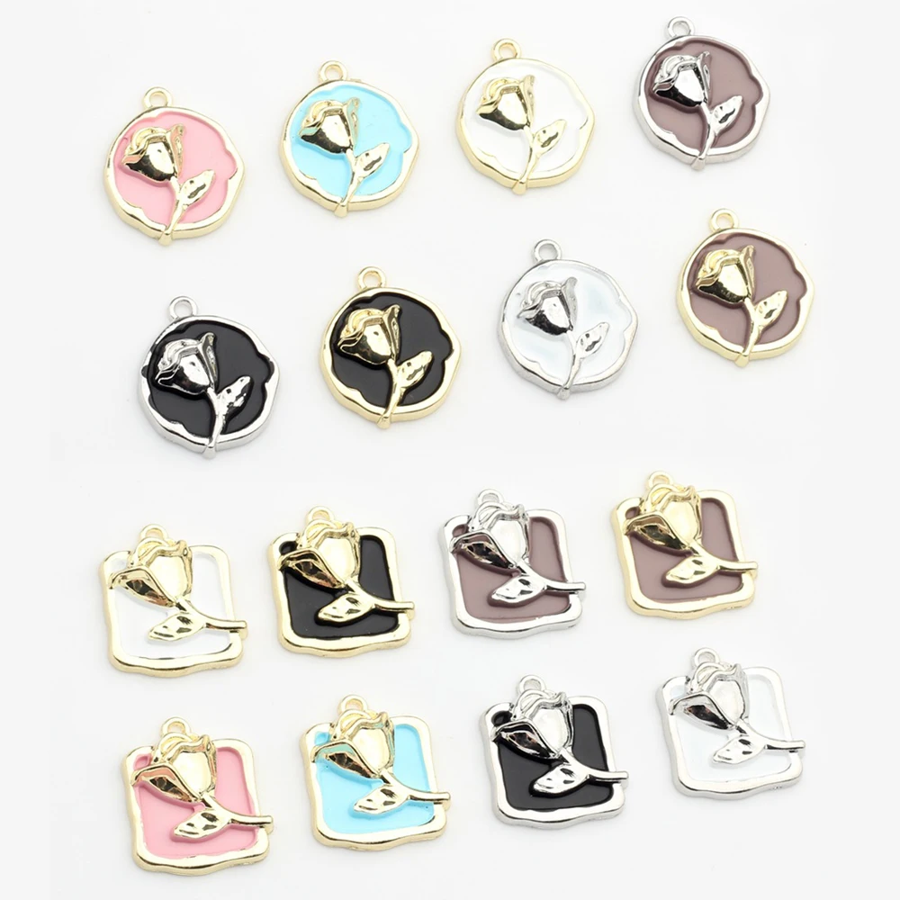 

10PCS Alloy Drop Oil Round Square Rose Charms Plant Flower Pendant For DIY Bracelet Necklace Jewelry Earring Making Accessories