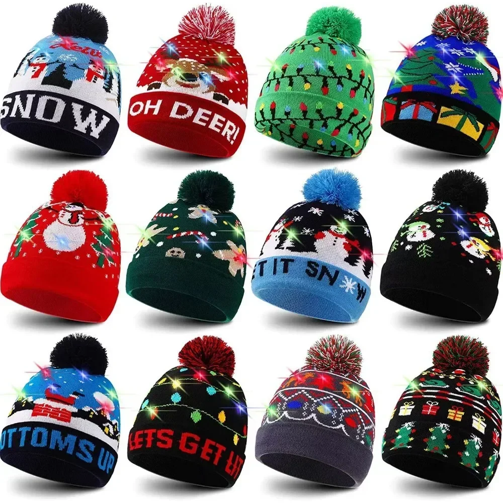 LED Christmas Knitted Hat Light Up Xmas Beanie Cap Unisex Winter Beanie Sweater Hat Colorful LEDs Christmas New Year christmas beanie hat