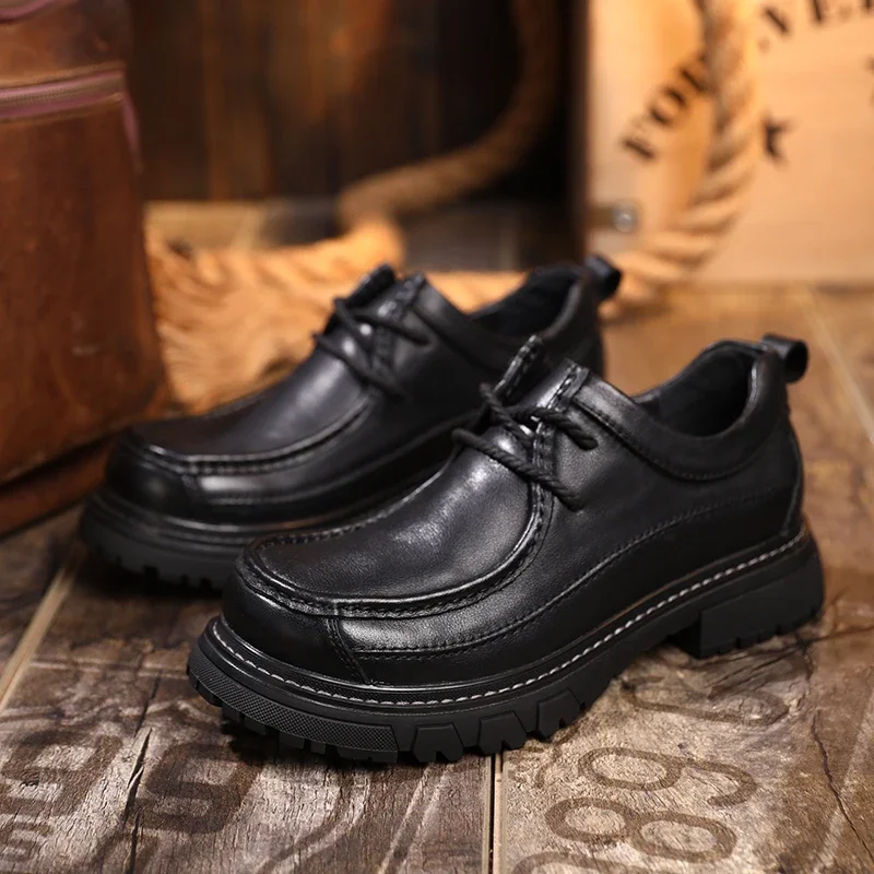 

Fashion Genuine Leather Men's loafers Elegent British Style Retro Lace Up Casual Moccasin Shoes Classical Black Oxfords Platform