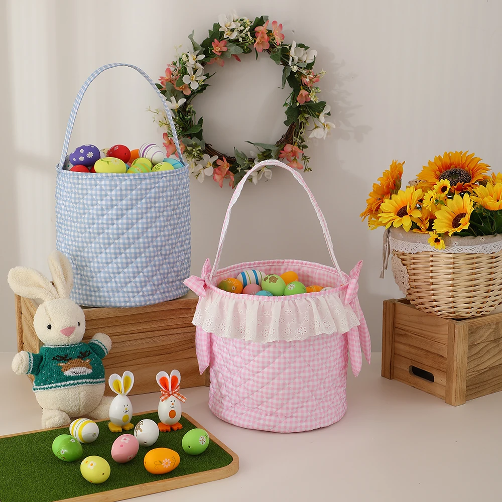 Osterkorb mit Spitze für Kinder, niedlicher gesteppter Gingham-Ei-Jagdkorb, Frühlingsgeschenk, Osterzubehör, Partyzubehör