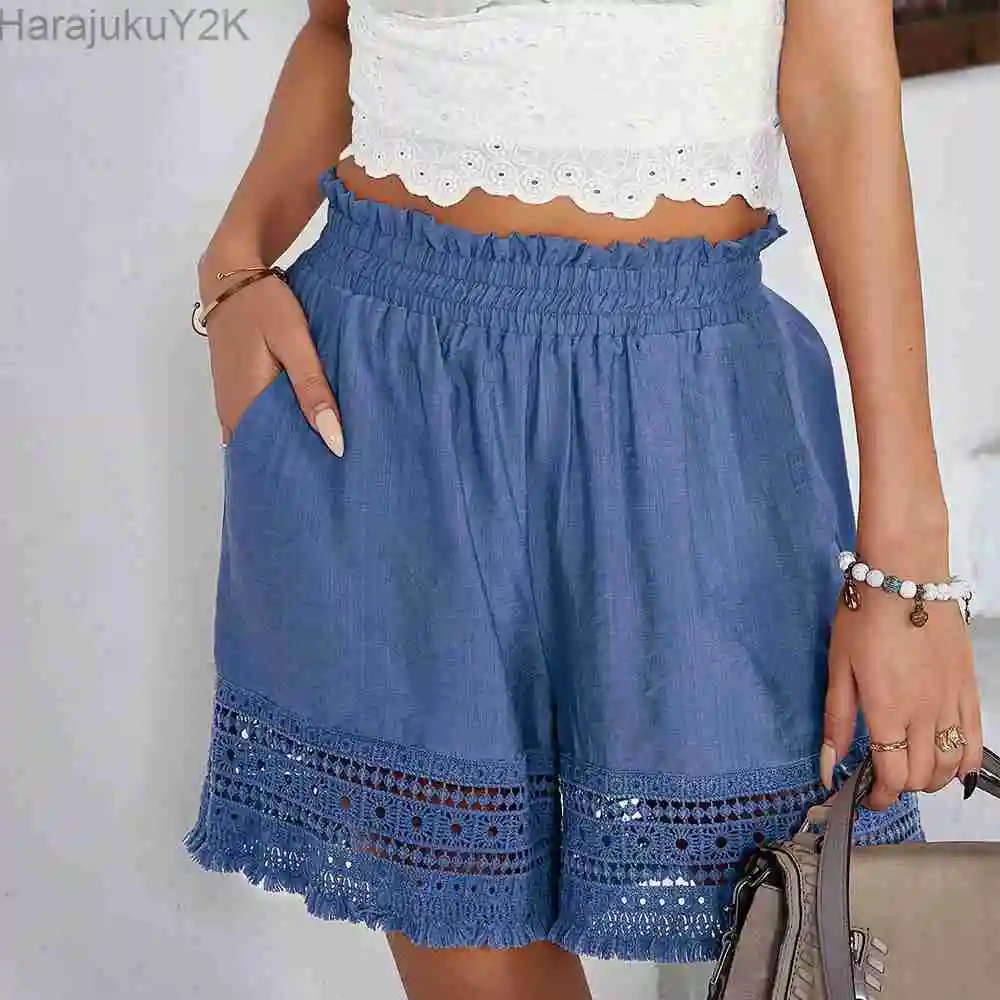 

New Simple Shorts Women's Solid Color Shorts Casual Summer High Waist Hollow Lastic Loose Short Pants with Pocket Streetwear