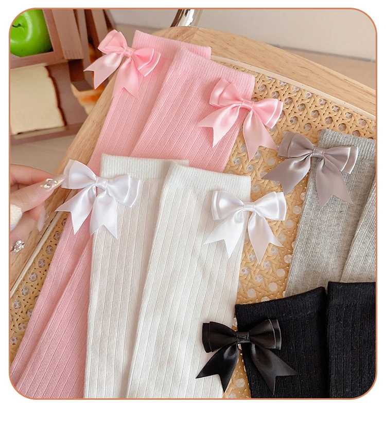 Description Picture 5 of item1Pair Soft Knee High Sock for Kids Girl Sweet Koren Fashion Bow Leggings Stocking Sock Cotton Spring Autumn Children School Sock