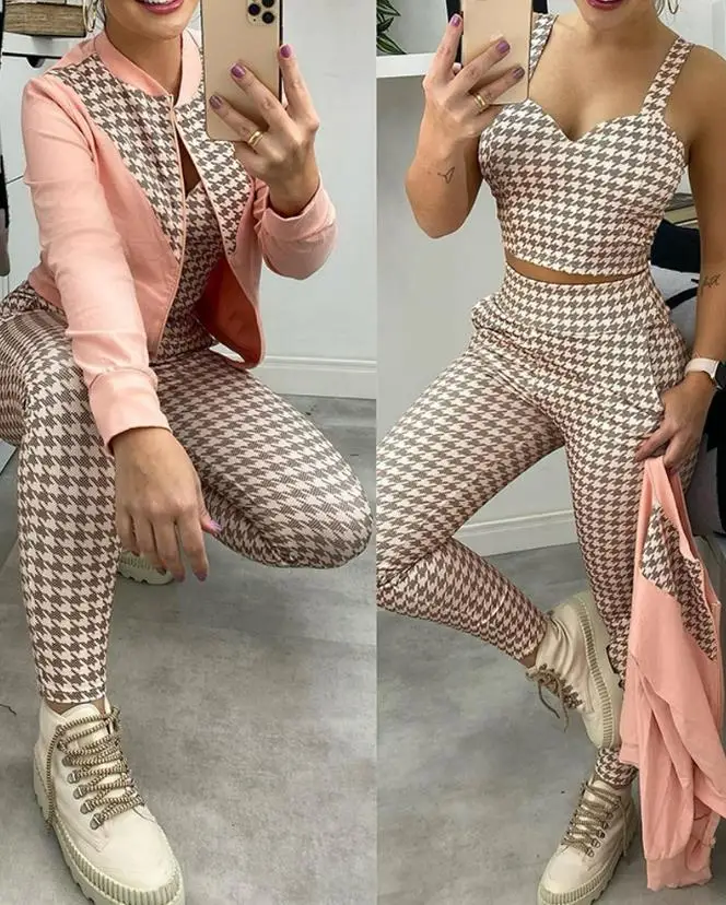 3Pcs Women Outfit 2023 Spring Fashion Houndstooth Print Low Cut Sleeveless Crop Top & High Waist Pants Set with Colorblock Coat 2pcs women s suit set slim fit square neck chain strap tank top and colorblock shorts set with belt sleeveless daily shorts set