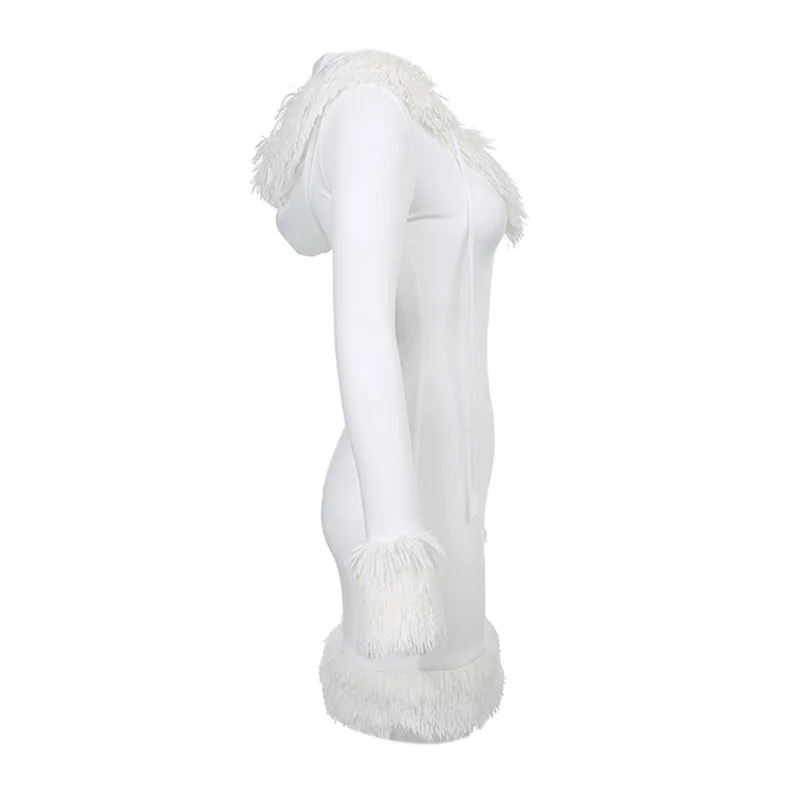Women Plush Hem Splicing Frenulum V-neck Hooded Dress Winter Solid Color Long Sleeve Bodycon Dress for Female White 6