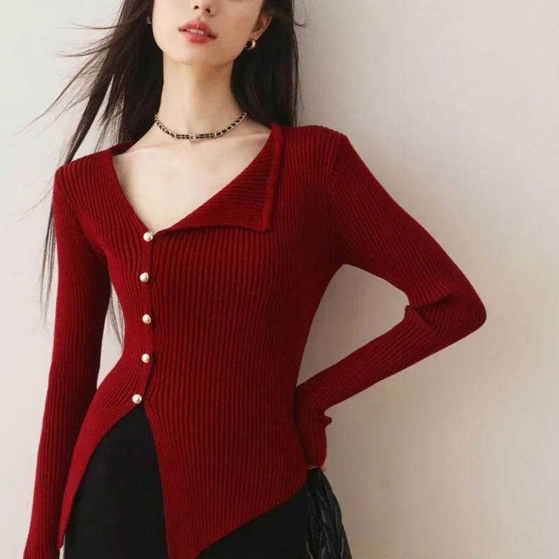 

French Contrasting Color Hanging Neck Long Sleeve Sweater 2024 Autumn and Winter New Design Sense Diagonal Collar Base Sh