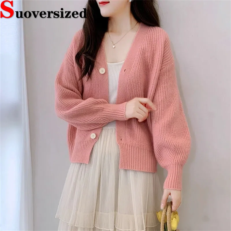 

Spring Fall Cropped Knitted Coats For Women Loose Fashion Cardigan Korean Candy Colors Sweater Casual Sweet Long Sleeve Knitwear