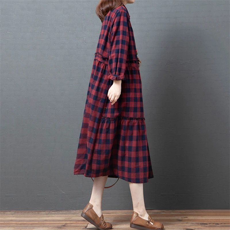 2025 Spring Autumn Cotton Plaid Vintage Dresses For Women Casual Long Korean Style Fashion Elegant Dress Office Lady Clothing