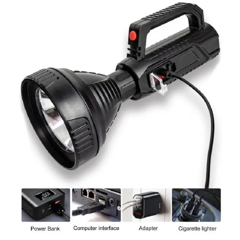 슈퍼 브라이트 LED 손전등 고출력 롱 샷 토치, USB 충전식 휴대용 서치라이트, 야외 스포트라이트 캠핑 램프, P100