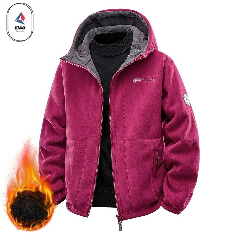 Outdoor Camping Skiing Jackets Mens Winter New Thick Soft Fleece Hooded Jacket High Quality Embroidered Design Cold-proof Coat
