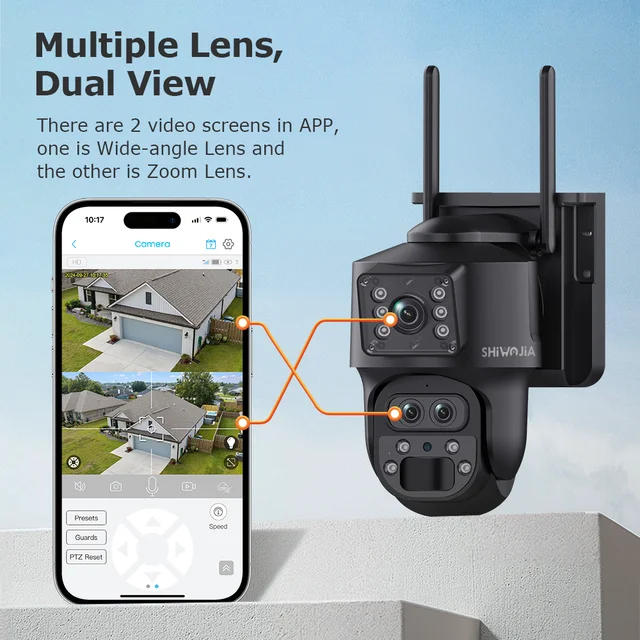 SHIWOJIA 15X ZOOM Solar Camera 4G 12MP Three Lens 360° View 5W Solar Panel Security Outdoor PTZ IP Camera 7800mAh Battery UBOX 3