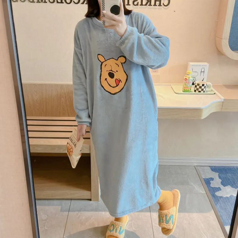 

Disney Women Cute Bear Night Dress o-Neck Fleece Thick Warm Women Casual