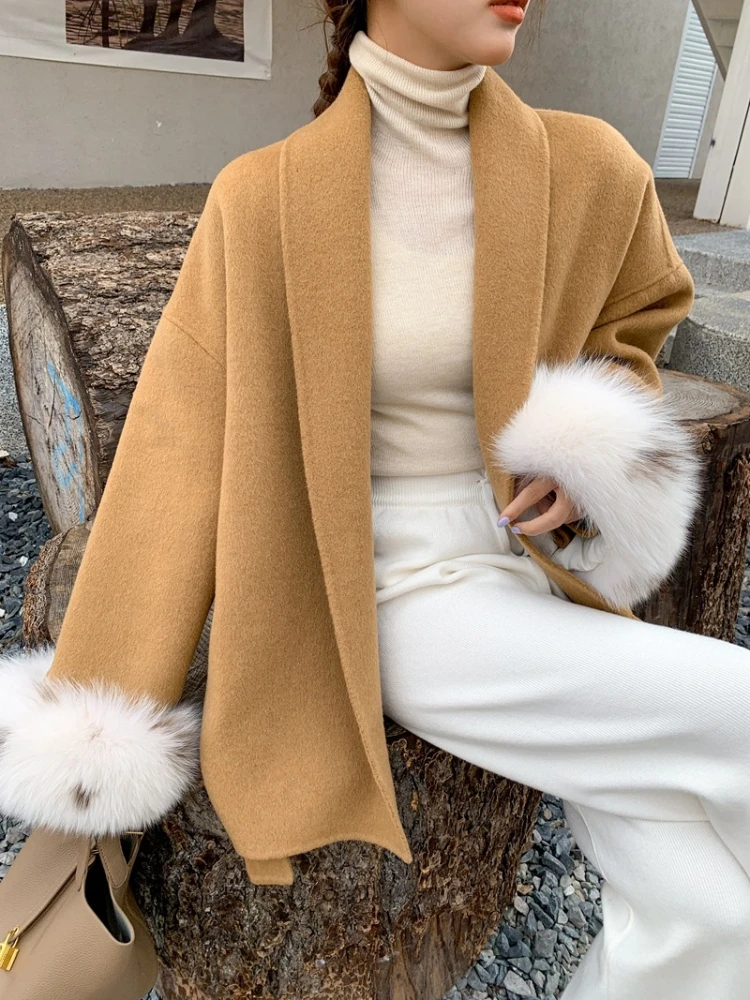 

2023 New Cashmere Wool Blends Real Fur Coat Winter Jacket Women Oversize Loose Natural Fox Fur Cuff Fashion Outerwear