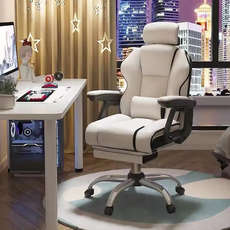 

Leisure Ergonomic Gamer Chair with Lumbar Pillow Footrest High Back Game Chair Linkage Armrest Leather FabricWork On Office Home