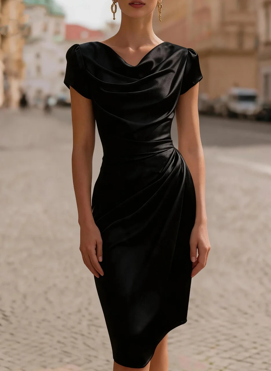 Women’s Elegant Cowl Neck Short Sleeve Fitted Midi Dress - Image 4