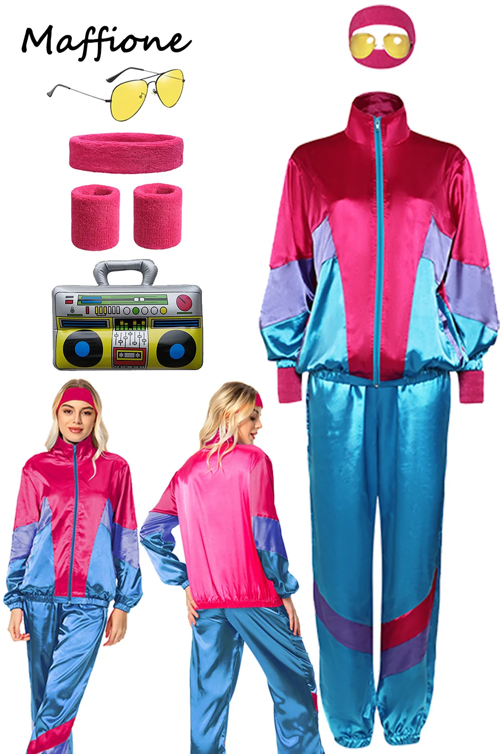 

80s Retro Hip-hop Vintage Women Tracksuit Costume 7PCS Female Cosplay Pink Blue Sportsuits Headband Glasses Girls Fantasia Suit