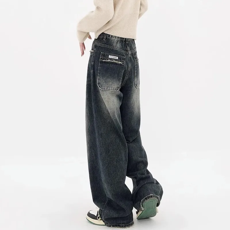 Streetwear Retro Fashion Autumn Women High Waist Jeans Loose Wide Leg Straight Loose Denim Trousers Y2K Baggy Pants