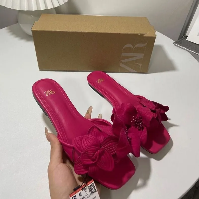 Summer Plus Size Women's Slippers 2024 Korean Style Fashion Outer Slippers Elegant Flower Ladies Flat Slippers Chaussure Femme