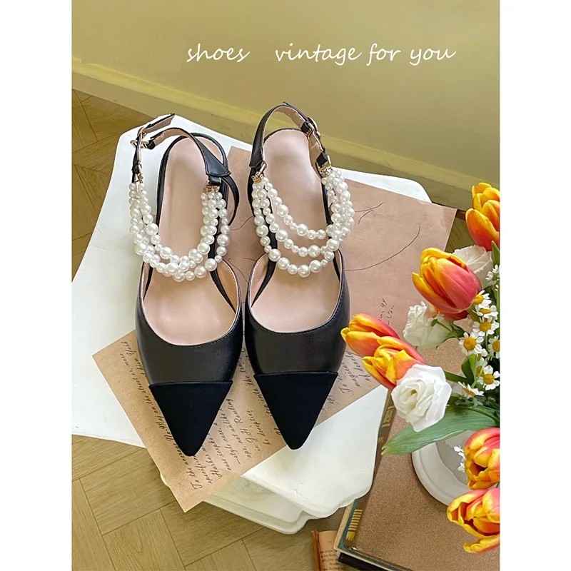 Women Flats Elegant Slingbacks Ladies Pearls Shoes Spring Autumn