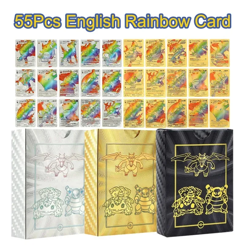 55Pcs Pokemon Rainbow Gold Silver Black English Cards Anime Pikachu Charizard Eevee Battle Game Collection Carte Giocattoli Per Bambini Regali