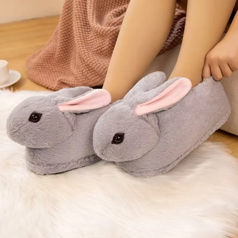Cute Cartoon Rabbit All Inclusive Winter Warm Home Slippers Adult Girl Lady Plush Head Silent Indoor Floor Women Fun Slippers