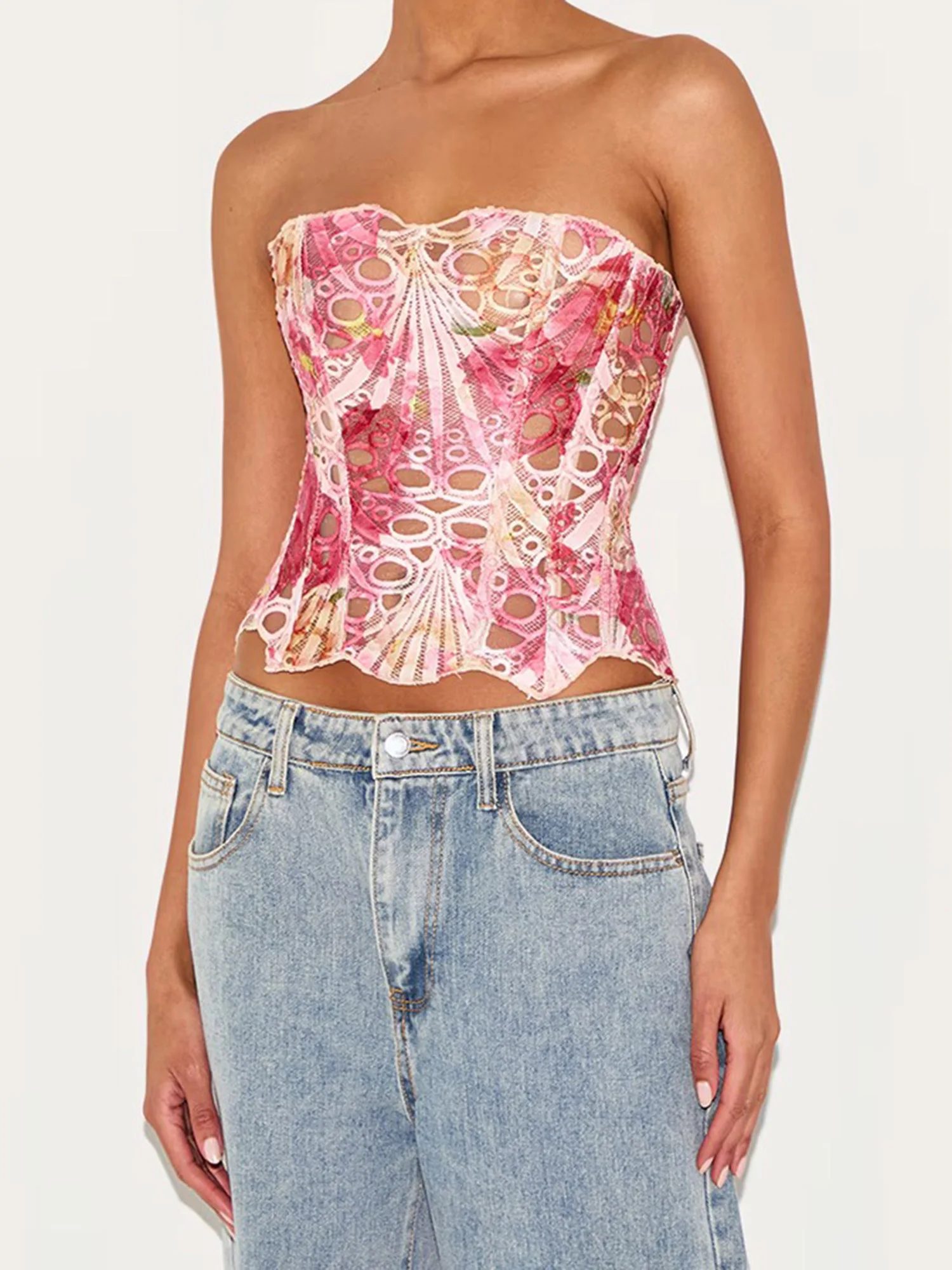 Elegant Lace-Up Floral Print Bandeau Top with Cutout Back and Corset Detailing Perfect for Chic Street Style