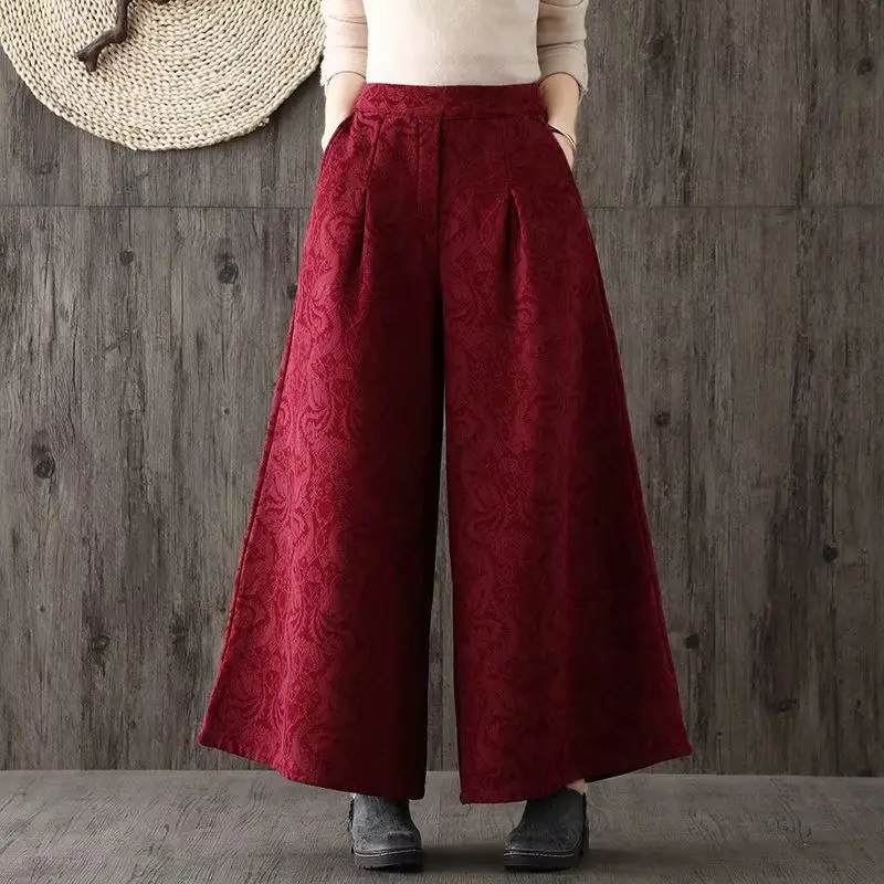 

Winter Antique Cotton Linen Jacquard High Waist Plush Thickened Wide Leg Pants Cotton Trousers Women's Literature Culottes T1621