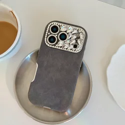 Elegant Rhinestone - Accented Leather Phone Case - Shockproof Protective Back Cover - iPhone 15 Plus (Grey)
