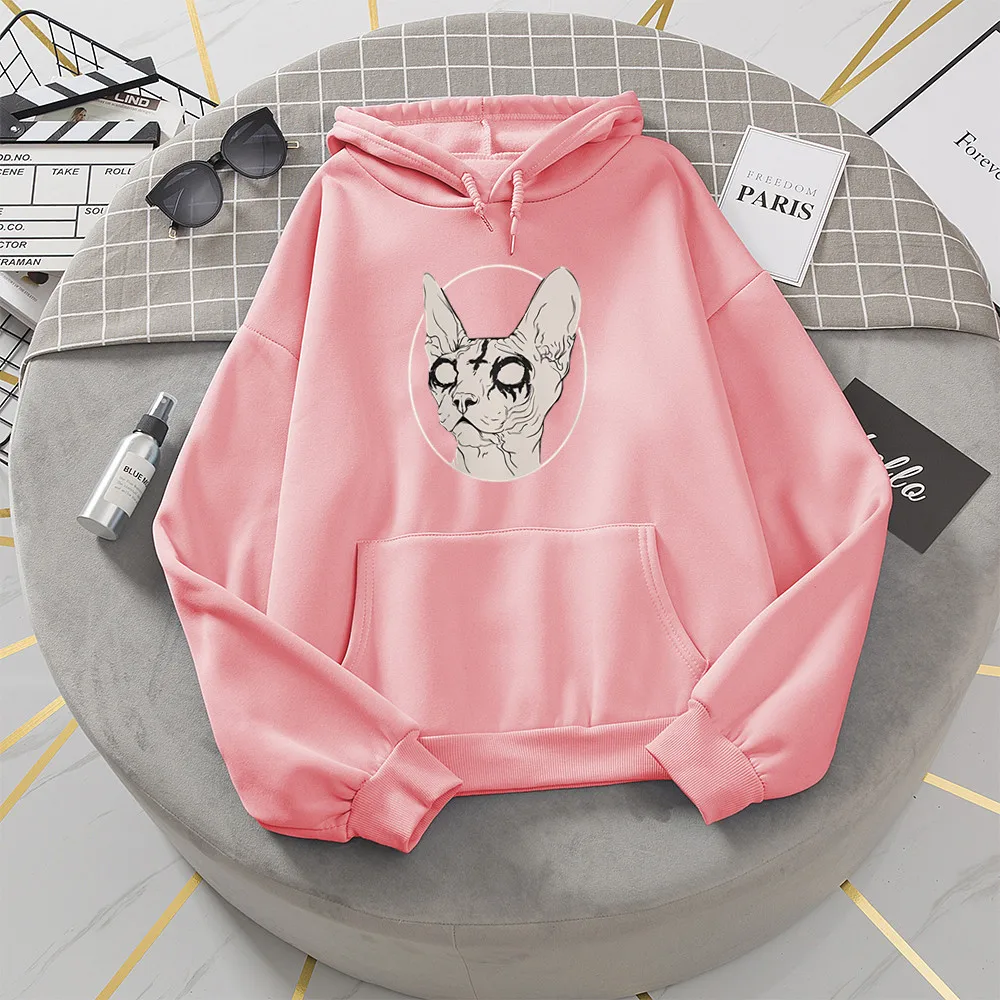 Sphynx Cat Pink Hoodies Women Printed Gothic Womens Punk Hoodie Winter  Aesthetic Hoody Sweatshirt graphic hoodies clothes