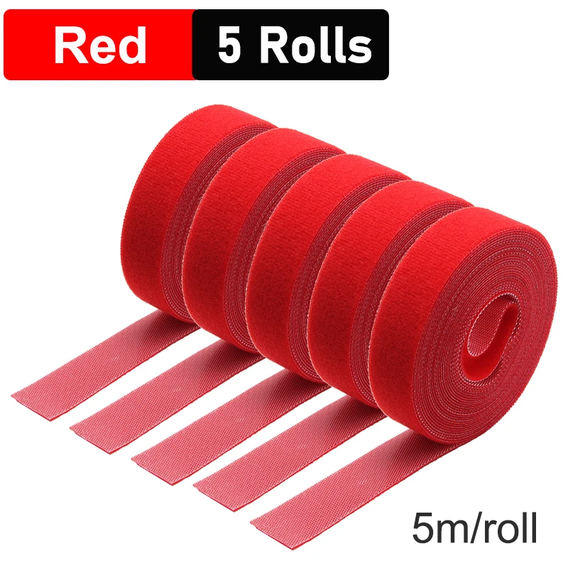 Red Reusable Double-Sided Hook and Loop Fastening Cable Ties - 5m Roll, Multiple Width Options