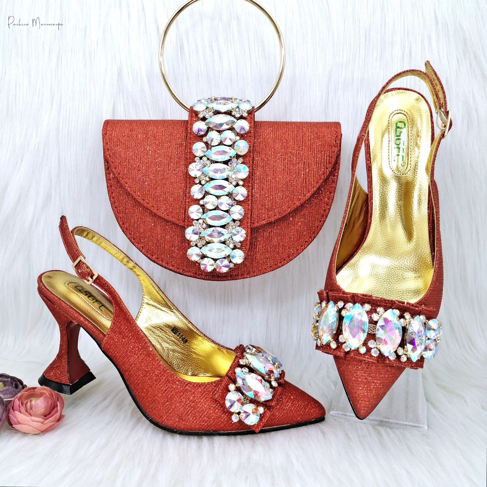 

PM Italian Design Metal Ring Shiny Rhinestone Saddle Bag And Wine Glass Heel Loafers For Parties