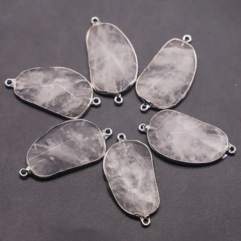 New Natural White Crystal Stone Irregular Connector Pendants Slice Necklace Silver Plated Edge Charms Diy Jewelry Wholesale 6Pcs