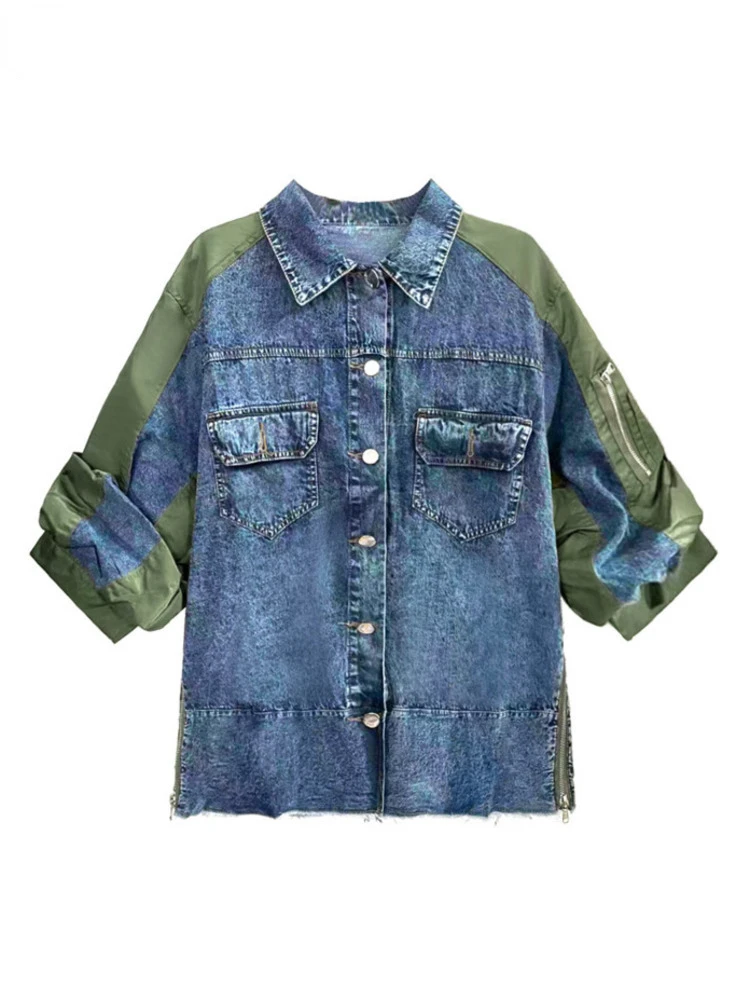 

Fashion Women's Denim Jackets Lapel Single Breasted Half Sleeve Contrast Color Size Zipper Coat Autumn 2023 New RE1987DF
