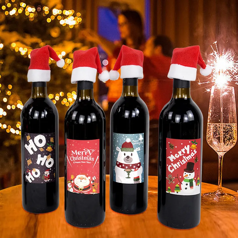 10pc Christmas Cutlery Bag Mini Santa Claus Hat Wine Bottle Caps Knives Forks Pocket Xmas Party Dinner Table Decor New Year