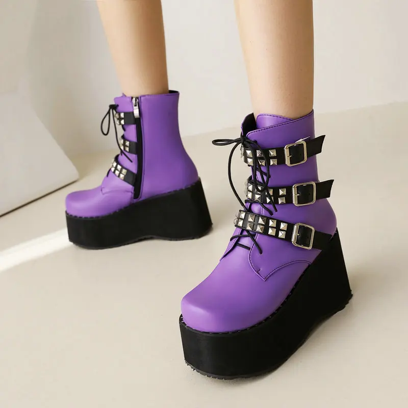 

New women's short boots round toe sloping heel high heel rivet belt buckle women's ankle purple boots motorcycle boots